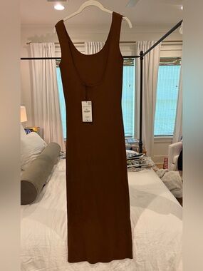 Zara Brown Knit Scoop Back Long Dress NWT S Small
